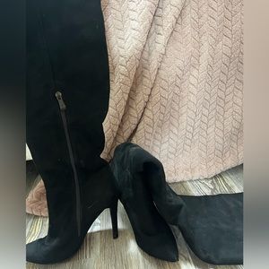 Black velvet stiletto thigh high boots